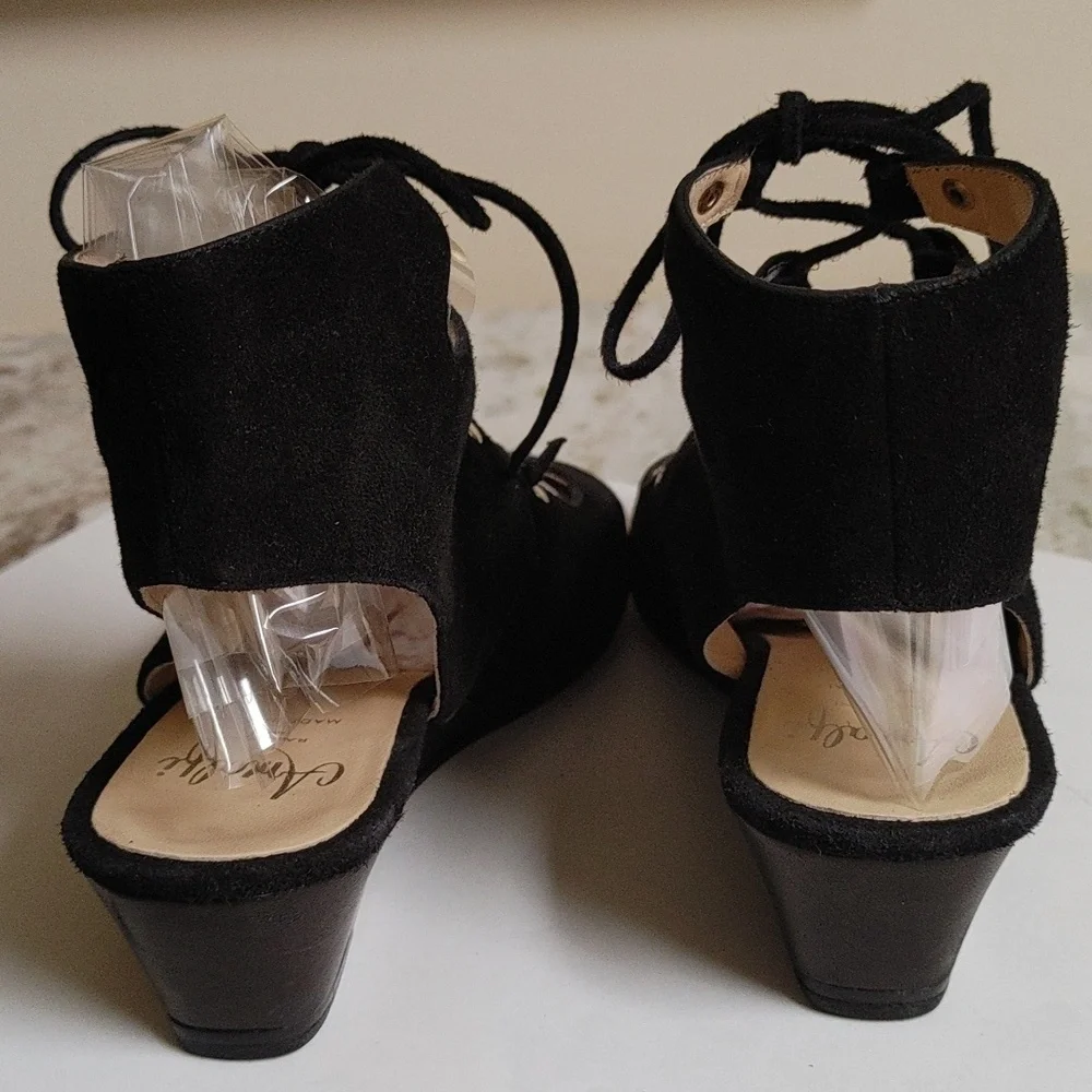 Amalfi By Rangoni Firenze Black Suede Wedge Lace Up Open Toe Ankle Sandals 8M